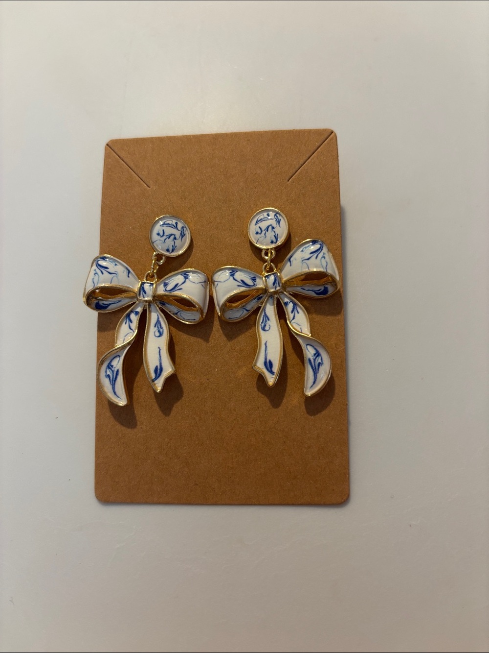 Fashion Jewelry Gold-Tone Bow Drop Earrings with White and Blue Enamel